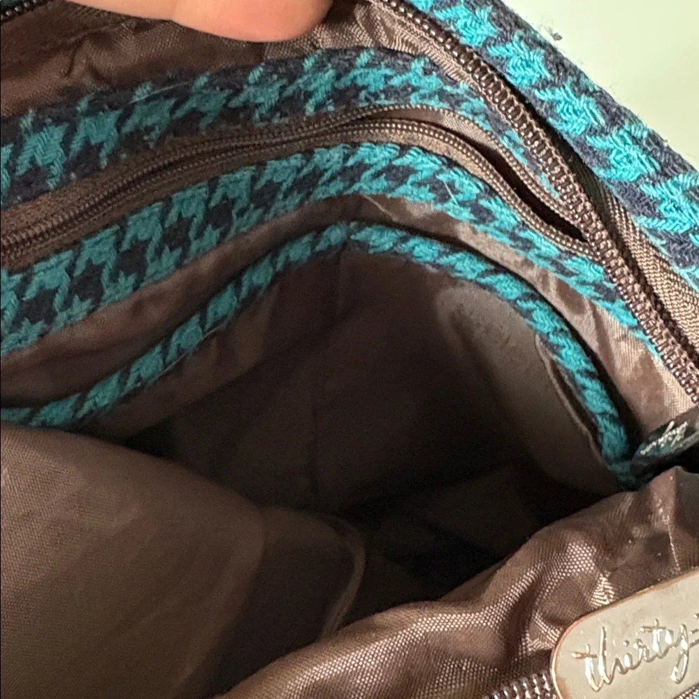 Thirty-One Teal/Brown Houndstooth Poly/Wool Blend Crossbody Bag